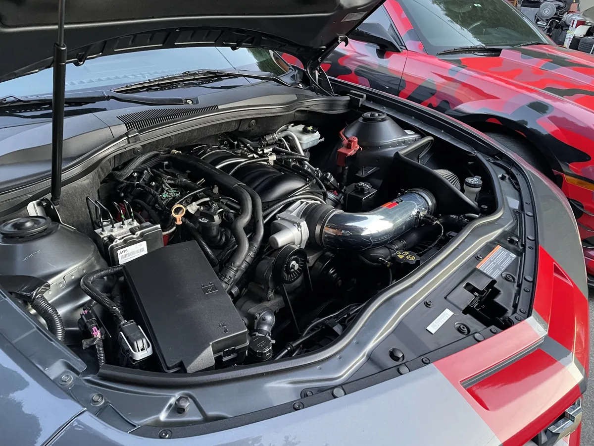 Detailed engine bay on a Chevrolet Camaro
